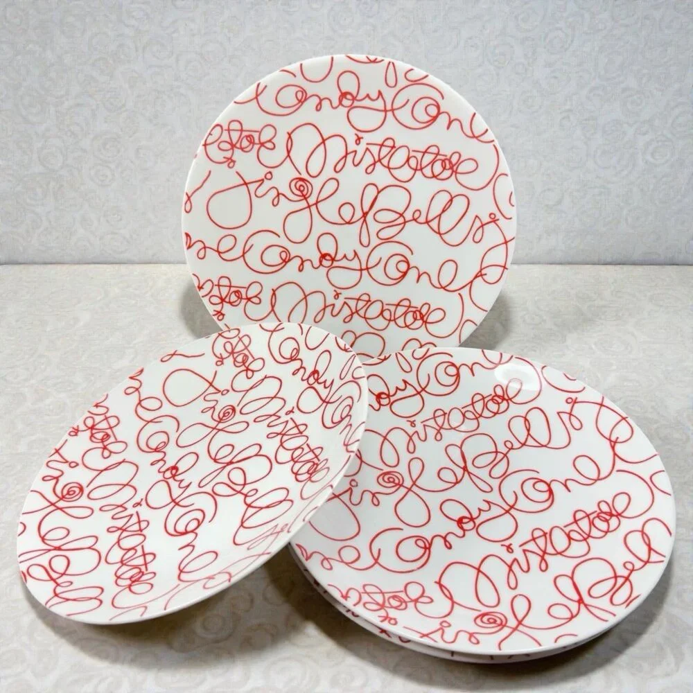 Crate & Barrel Artwork‎ Script Christmas Holiday Dish Plate Set 4 Plates 8.5inch